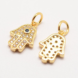 Honeyhandy Brass Micro Pave Grade AAA Cubic Zirconia Charms, Long-Lasting Plated, Hamsa Hand/Hand of Fatima/Hand of Miriam, Cadmium Free & Nickel Free & Lead Free, Real 18K Gold Plated, 13x9x2mm, Hole: 3mm