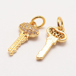 Honeyhandy Brass Micro Pave Grade AAA Cubic Zirconia Charms, Long-Lasting Plated, Key, Cadmium Free & Nickel Free & Lead Free, Real 18K Gold Plated, 14x7x3mm, Hole: 3mm