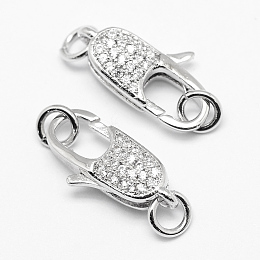 Honeyhandy Brass Micro Pave Grade AAA Cubic Zirconia Lobster Claw Clasps, Lead Free & Nickel Free & Cadmium Free, Real Platinum Plated, 19x10x6mm, Hole: 3mm