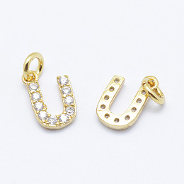 Honeyhandy Brass Micro Pave Grade AAA Cubic Zirconia Charms, Letter U, Cadmium Free & Nickel Free & Lead Free, Real 18K Gold Plated, 9x6x1.5mm, Hole: 2mm