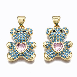 Honeyhandy Brass Micro Pave Clear Cubic Zirconia Pendants, Inlay Bear Shape Charms, Cadmium Free & Nickel Free & Lead Free, Real 16K Gold Plated, Sky Blue, 21x15.5x4.5mm, Hole: 5x3mm