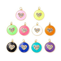 ARRICRAFT Eco-friendly Brass Micro Pave Colorful Cubic Zirconia Pendants, with Enamel and Jump Ring, Lead Free & Cadmium Free & Nickel Free, Flat Round with Heart, Mixed Color, 21x18.5x3mm, Hole: 3.5mm