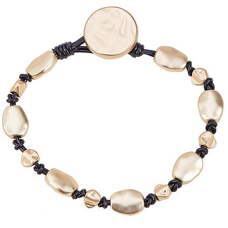 SUNNYCLUE  Gold Plated Irregular Oval Beads Beaded Leather Wrap Bracelet for Women Men Matte Button Clasp 7.08