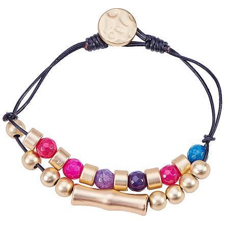 SUNNYCLUE  Gold Plated Mixed Shape Beads Beaded Gemstone Leather Wrap Bracelet for Women Girls Matte Button Clasp 7.48