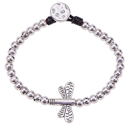 SUNNYCLUE Thai Sterling Silver Plated Beads Beaded Dragonfly Charm Bracelet Leather Wrap Wrist Bangle for Women Girls Matte Button Clasp 7.68