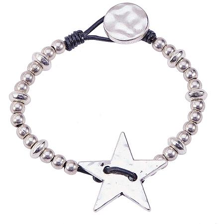 SUNNYCLUE Thai Sterling Silver Plated Beads Beaded Star Charm Bracelet Leather Wrap Wrist Bangle for Women Girls Matte Button Clasp 7.68