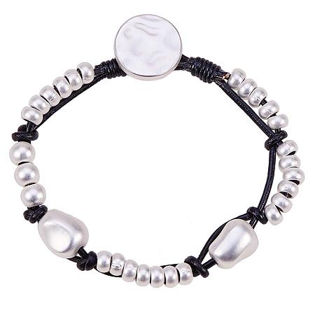 SUNNYCLUE 925 Sterling Silver Plated Rondelle Beaded Leather Wrap Bracelet Handmade Wrist Wristband Button Clasp 7.48