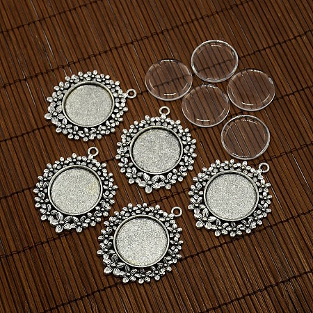 Honeyhandy 25mm Clear Domed Glass Cabochon Cover and Alloy Flower Blank Settings for DIY Portrait Pendant Making, Cadmium Free & Nickel Free & Lead Free, Antique Silver, Pendants: 49x41mm, Hole: 2mm, Tray: 25mm