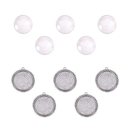 ARRICRAFT Pack of 5 Pendant Makings Sets, with Antique Silver Alloy Pendant Cabochon Settings and Flat Round Glass Cabochons, Cadmium Free & Nickel Free & Lead Free