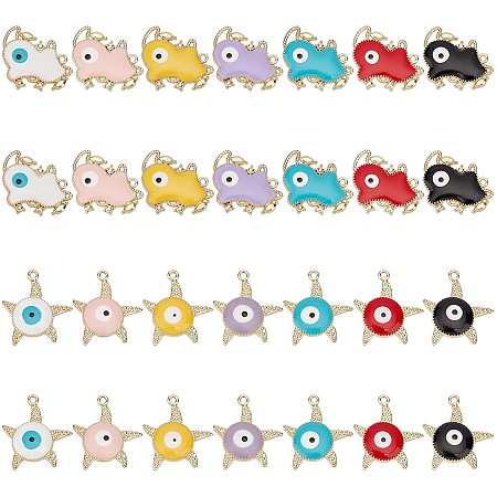 Arricraft 28 Pcs Enamel Alloy Evil Eye Charms, Includes 14 Pcs Cow Shaped and 14 Pcs Starfish Shaped Dangle Charms for Necklace Bracelet Earring Jewelry Making