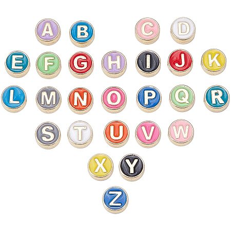NBEADS 52 Pcs Alloy Letter Beads, Round Spacer Alphabet Beads Loose Enamel Beads Charms for DIY Necklace Bracelet Jewelry Making (Mixed Color）