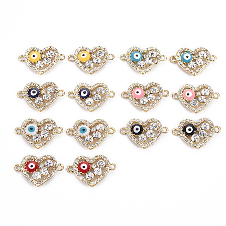 Arricraft Rack Plating Alloy Enamel Links Connectors, with Rhinestone, Cadmium Free & Nickel Free & Lead Free, Heart with Eye, Light Gold, Mixed Color, 16x23.5x3.5mm, Hole: 1.6mm
