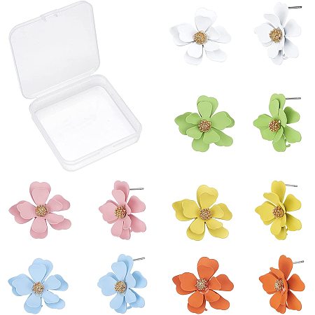 SUNNYCLUE 1 Box 6 Pairs Flower Stud Earring Findings Colorful Spray Painted Eco-Friendly Stud Earring with Loops and Raw Pins for DIY Earring Jewellery Making Crafts