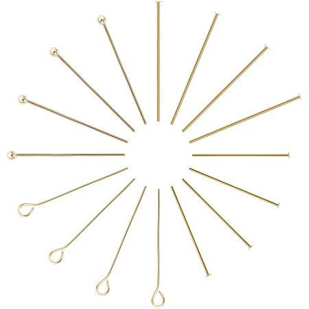 Arricraft 120 Pcs Brass Flat Head Pins & Ball Head Pins & Eye Pins, Multi-Size Pin Wire for Earring Bracelet Jewelry Making Findings- Real 18K Gold Plated