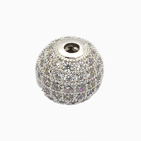 NBEADS 1PCS 6mm Brass Clear Gemstones Cubic Zirconia Bead Platinum Color Micro Pave Setting Disco Ball Spacer Bead Round Bracelet Connector Charm Bead for Jewelry Making