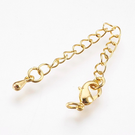 Honeyhandy Brass Chain Extender, with 304 Stainless Steel Lobster Claw Clasps, Cadmium Free & Lead Free, Long-Lasting Plated, teardrop, Real 18K Gold Plated, 68~73x3mm, Hole: 2.5mm, Clasps: 10x6x3mm