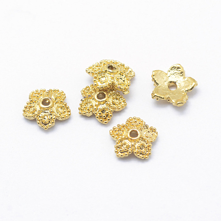 Honeyhandy Brass Bead Caps, 5-Petal, Real 18K Gold Plated, Lead Free & Cadmium Free & Nickel Free, Flower, 7.5x2mm, Hole: 1mm