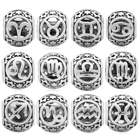 ARRICRAFT 12Pcs 12 Style Brass European Beads, Large Hole Beads, Cadmium Free & Nickel Free & Lead Free, Antique Silver, Hollow Barrel with 12 Constellations, 12 Constellations, 11x9.5mm, Hole: 5mm, 1pc/style