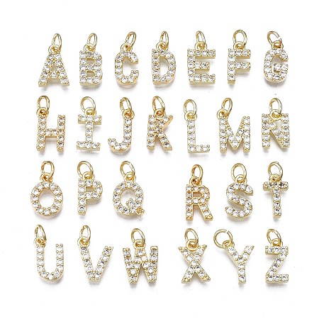 Honeyhandy Brass Micro Pave Clear Cubic Zirconia Charms, with Jump Rings, Real 18K Gold Plated, Cadmium Free & Nickel Free & Lead Free, Alphabet, Letter A~Z, 11~12x5.5~9x2.5mm, Hole: 3mm