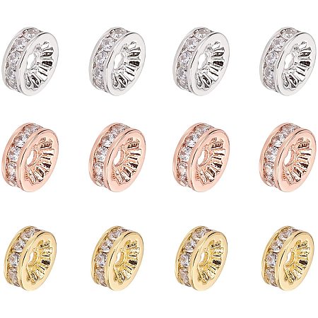 NBEADS 12 Pcs 3 Colors Brass Cubic Zirconia Spacer Beads Flat Round Micro Pave CZ Beads Rondelle Rhinestone Beads for Jewelry Making