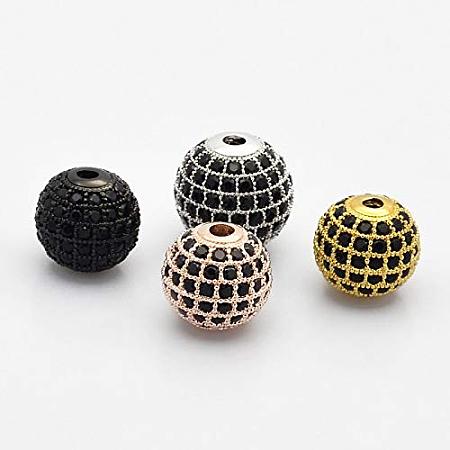 ARRICRAFT About 10pcs Brass Micro Pave Grade AAA Black Color Cubic Zirconia Round Beads for Bracelet Necklace Earrings Jewelry Making Crafts, Cadmium Free & Nickel Free & Lead Free