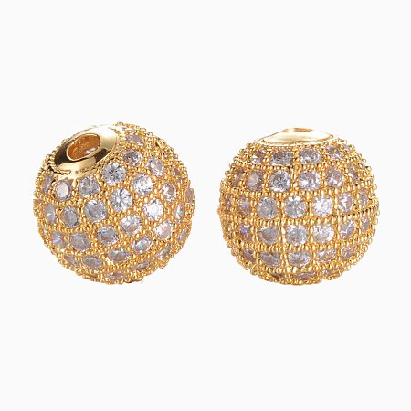 NBEADS 10PCS 10mm Gold CZ Brass Micro Pave Beads Clear Gemstones Cubic Zirconia Round Beads Bracelet Connector Charms Beads for Jewelry Making