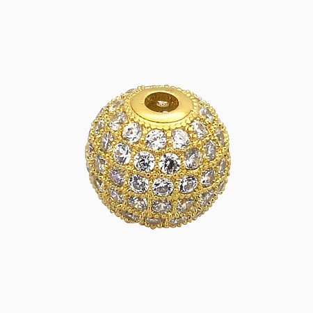 NBEADS 10PCS 6mm Gold CZ Brass Micro Pave Beads Clear Cubic Zirconia Round Beads Bracelet Connector Charms Beads for Jewelry Making