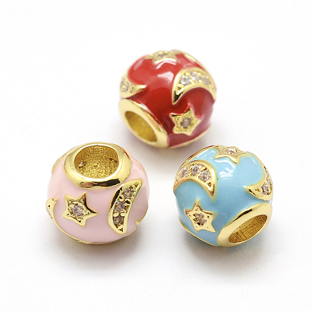 Arricraft Environmental Brass Enamel European Beads, with Cubic Zirconia, Large Hole Beads, Round with Moon & Star, Lead Free & Nickel Free & Cadmium Free, Real 18K Gold Plated, Mixed Color, 10x9mm, Hole: 4mm