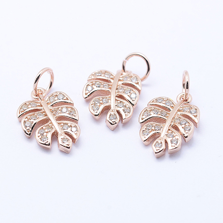 Honeyhandy Brass Micro Pave Cubic Zirconia Charms, Tropical Leaf Charms, Monstera Leaf, Lead Free & Nickel Free & Cadmium Free, Rose Gold, 14x9.5x2mm, Hole: 3mm
