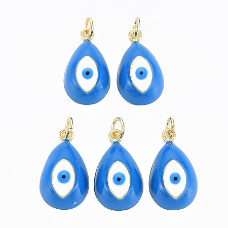 ARRICRAFT Real 16K Gold Plated Brass Enamel Pendants, with Jump Ring, Cadmium Free & Nickel Free & Lead Free, Teardrop with Evil Eye, Dodger Blue, 19~20x11x7~8mm, Jump Ring: 5x0.6mm, Inner Diameter: 3mm