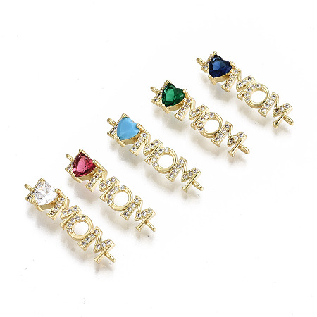 Honeyhandy Real 16K Gold Plated Brass Micro Pave Cubic Zirconia Links Connectors, for Mother's Day, Cadmium Free & Nickel Free & Lead Free, Heart with Word Mom, Mixed Color, 6x27x6mm, Hole: 1.2mm