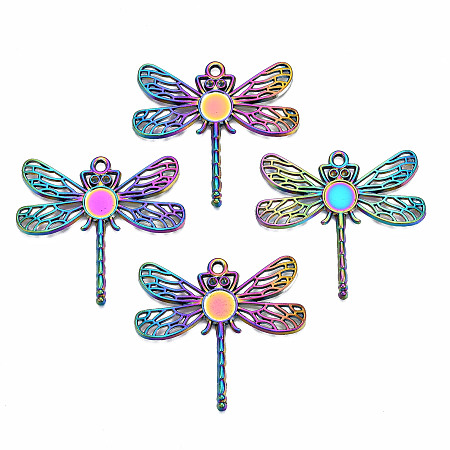 ARRICRAFT Rainbow Color Alloy Pendant Cabochon Settings, Cadmium Free & Nickel Free & Lead Free, Dragonfly, Multi-color, Fit For 1.4mm Rhinestone, Tray: 8.5mm, 42x46x2.5mm, Hole: 2.5mm