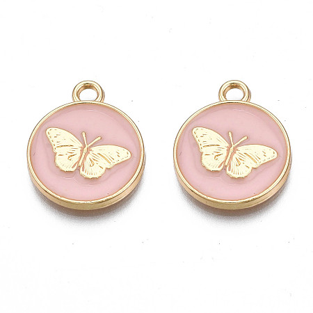 Honeyhandy Alloy Enamel Pendants, Cadmium Free & Nickel Free & Lead Free, Light Gold, Flat Round with Butterfly, Pink, 18x15x2mm, Hole: 2mm