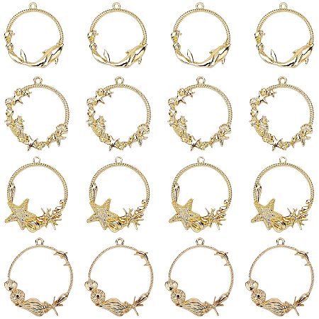Pandahall Elite 24pcs Gold Sea Theme Open Bezel Charms 4-Style Alloy Frame Pendants Hollow Resin Frames with Loop for Resin Jewelry Making Necklaces Earrings