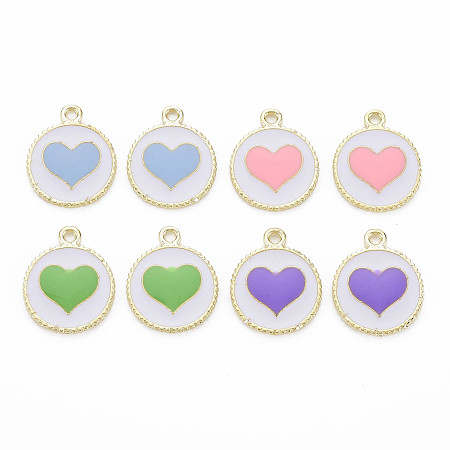 Alloy Enamel Pendants, Light Gold, Cadmium Free & Nickel Free & Lead Free, Flat Round with Heart, Mixed Color, 18x15x1.5mm, Hole: 1.6mm