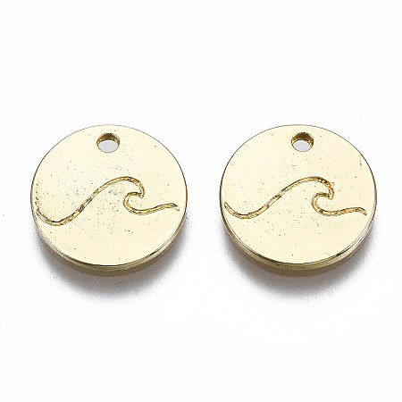 Honeyhandy Alloy Charms, Cadmium Free & Nickel Free & Lead Free, Flat Round with Wave Pattern, Real 16K Gold Plated, 12x1.5mm, Hole: 1.5mm