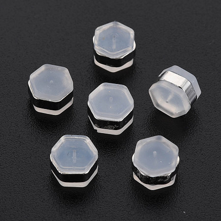 Honeyhandy Silicone Ear Nuts, Earring Backs, with Brass Findings, Hexagon, Cadmium Free & Nickel Free & Lead Free, Platinum, 6x7x4.5mm, Hole: 0.7mm