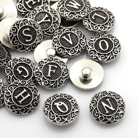 Antique Silver Tone Zinc Alloy Enamel Alphabet Snap Buttons, Flat Round, Lead Free & Nickel Free & Cadmium Free, Random Mixed Letters, 19x6mm; Knob: 5mm