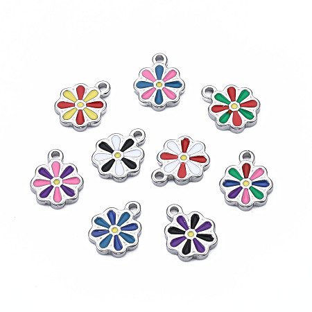 ARRICRAFT 304 Stainless Steel Charms, with Enamel, Flower, Stainless Steel Color, Mixed Color, 12.5x10x2mm, Hole: 1.5mm