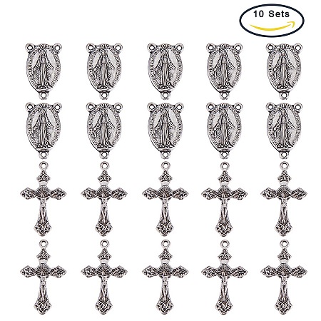 PandaHall Elite 10 Sets Rosary Cross and Center Miraculous Medal with Crucifix Cross Pendants and Virgin Links for Rosary Bead Necklace Making
