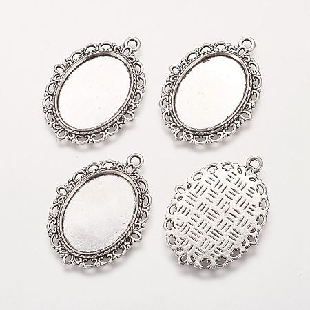 PandaHall Elite about 10pcs/box Zinc Alloy Pendant Settings for Cabochon & Rhinestone DIY Findings for Jewelry Making, Lead Free & Cadmium Free & Nickel Free, Antique Silver, 39x29x2mm, Hole: 2mm, Tray: 25x18mm