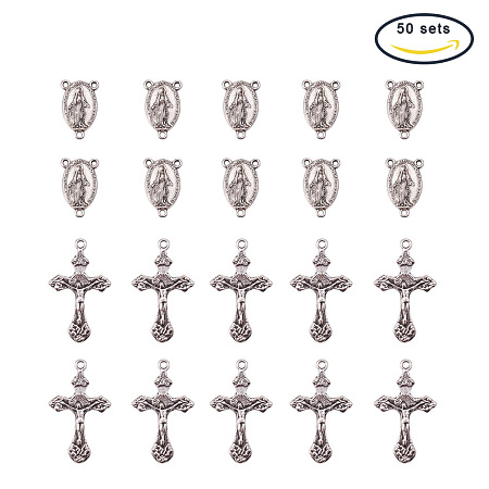 PandaHall Elite 50 Sets Tibetan Style Rosary Cross and Center Miraculous Medal with Alloy Crucifix Cross Pendants and Oval Chandelier Links for Rosary Holy Beads Necklace Making Antique Silver