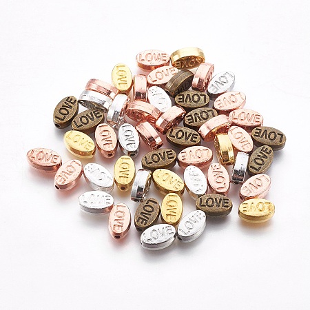 Tibetan Style Alloy Beads, Oval with Word Love, Valentine's Day, Nickel Free & Lead Free, Mixed Color, 10x6x4mm, Hole: 1mm