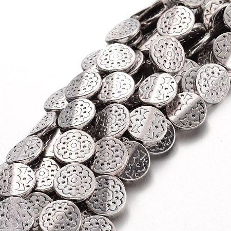 Honeyhandy Tibetan Style Alloy Flat Round Bead Strands, Cadmium Free & Nickel Free & Lead Free, Antique Silver, 11x3mm, Hole: 1mm, about 18pcs/strand, 7.8 inch