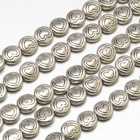 Honeyhandy Tibetan Style Flat Round with Heart Alloy Bead Strands, Lead Free & Cadmium Free & Nickel Free, Antique Silver, 6.5x3mm, Hole: 1mm, about 33pcs/strand, 8 inch