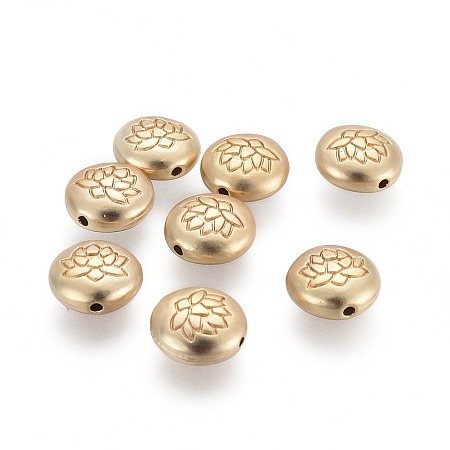 Honeyhandy Tibetan Style Alloy Beads, Flat Round with Lotus, Lead Free & Nickel Free & Cadmium Free, Real 18K Gold Plated, Matte Gold Color, 14x6.5mm, Hole: 1mm