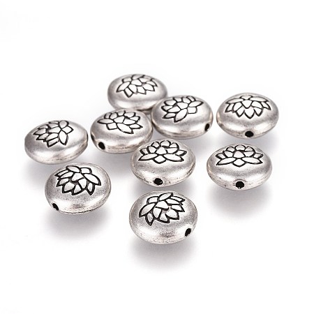 Honeyhandy Tibetan Style Alloy Beads, Flat Round with Lotus, Lead Free & Nickel Free & Cadmium Free, Thailand Sterling Silver Plated, 14x6.5mm, Hole: 1mm