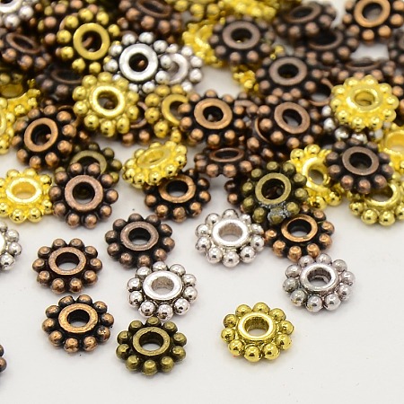 Mixed Tibetan Style Snowflake Flower Spacer Beads, Cadmium Free & Nickel Free & Lead Free, Mixed Color, 6.5mm, Hole: 2mm; about 900pcs/200g