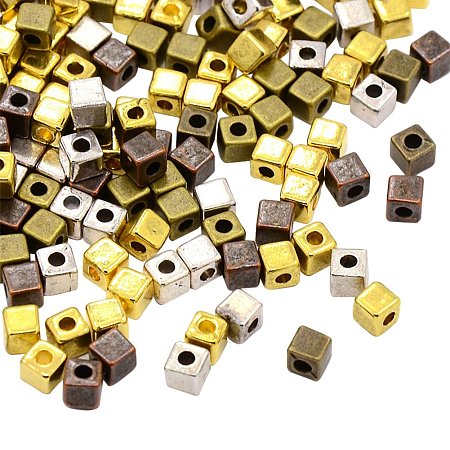 NBEADS 200g Tibetan Style Alloy Cube Spacer Beads, Cadmium Free & Nickel Free & Lead Free, Mixed Color, 4x4x4mm, Hole: 2mm; about 640pcs/200g
