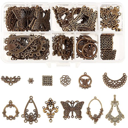 SUNNYCLUE 1 Box 72Pcs 12 Styles Filigree Connector Charms Flower Alloy Hollow Links Teardrop Square Oval Moon Shape Filigree Metal Embellishments for Crafts Supplies, Antique Bronze